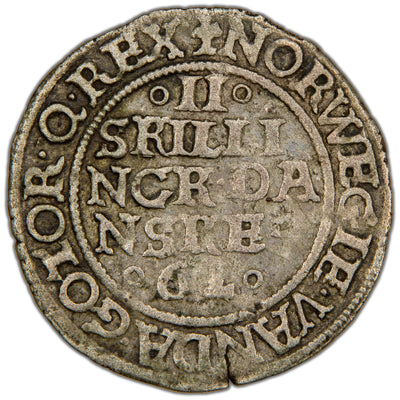 Obverse of a Denmark (Copenhagen mint) 1562 2 Skilling Dansk silver coin of King Frederik II (H-11, SKU: SP2799), featuring the crowned F monogram of King Frederik II dividing the date 1562 within an inner circle.