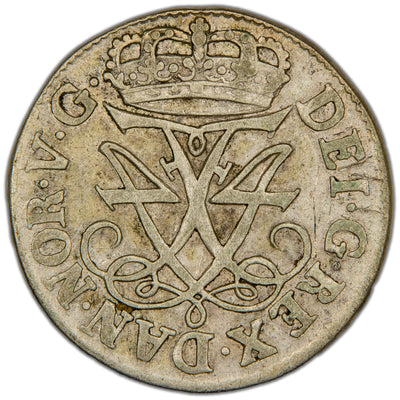 Obverse of a Denmark (Copenhagen mint) 1711 12 Skilling Danske silver coin of King Frederik IV (H-43A, SKU: SP2803), featuring the crowned double F4 royal monogram of King Frederik IV surrounded by a beaded ring.