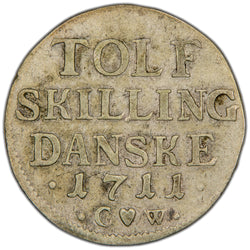 Reverse of a Denmark (Copenhagen mint) 1711 12 Skilling Danske silver coin (H-43A, SKU: SP2803), displaying the four-line inscription "TOLF SKILLING DANSKE", date 1711, and heart mintmark flanked by C W initials below.