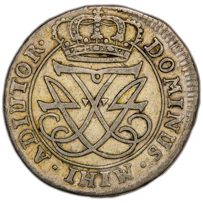 Obverse of a Denmark (Copenhagen mint) 1720 12 Skilling Dansk silver coin of King Frederik IV (H-49, SKU: SP2801), featuring the crowned F4 royal monogram of King Frederik IV flanked by the date 1720 within an inner circle.