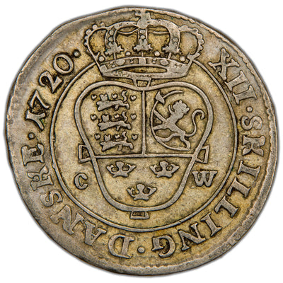 Reverse of a Denmark (Copenhagen mint) 1720 12 Skilling Dansk silver coin (H-49, SKU: SP2801), depicting the crowned Danish royal coat of arms with the denomination 12 SKILLING DANSK below.