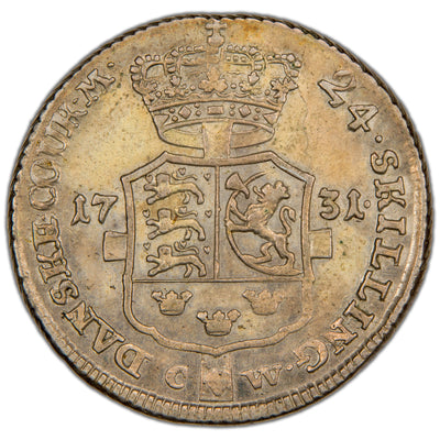 Reverse of a Denmark (Copenhagen mint) 1731 24 Skilling Dansk silver coin (SKU: SP2819), depicting the crowned three-parted coat of arms shield above a large cross dividing the date 17 31 and the CW mintmaster initials of Christen Wæver, surrounded by the value legend 24 SKILLING DANSKE COUR: M.