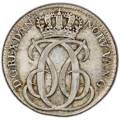 Obverse of a Denmark (Copenhagen mint) 1742 24 Skilling Dansk silver coin of King Christian VI (H-7, SKU: SP2812), featuring the crowned C6 royal monogram of King Christian VI within a beaded inner ring.
