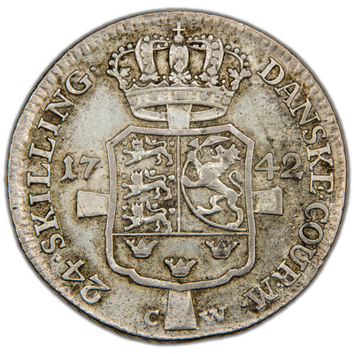 Reverse of a Denmark (Copenhagen mint) 1742 24 Skilling Dansk silver coin (H-7, SKU: SP2812), depicting the crowned Danish royal coat of arms flanked by the date 1742 with the denomination 24 SKILLING DANSK below.