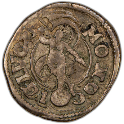 Reverse of a Denmark (Glückstadt mint) 1623 3 Skilling Lybsk silver coin (H-170, SKU: SP2798), depicting a standing nude figure of Fortuna on a globe, holding a long flying banner behind her back with the date 1623 in legend.