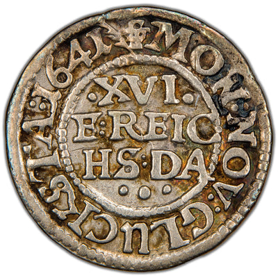 Reverse of a Denmark (Glückstadt mint) 1641 3 Skilling Lybsk silver coin (H-176A, SKU: SP2797), displaying the four-line value inscription "XVI E REIS DAL" within an inner rope circle, surrounded by the outer legend, date 1641, and mintmark.