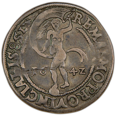 Obverse of a Denmark (Glückstadt mint) 1642 8 Skilling Lybsk silver coin (1/8 Speciedaler) of King Christian IV (H-175, SKU: SP2802), depicting the full-length nude figure of Fortuna standing on a globe within a rope circle, holding a flowing sail with the date 1642 divided by her feet.