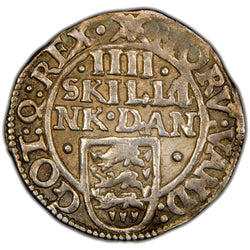 Reverse of a Denmark (Helsingør mint) 1609 4 Skilling Dansk silver coin (H-97, SKU: SP2806), displaying the value IIII SKILLIN K DAN across three lines above a flat-topped shield with the coat of arms of Denmark, surrounded by outer legend and Helsingør mintmark.