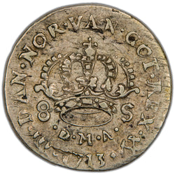 Reverse of a Denmark/Norway 1713 8 Skilling Type 1 silver coin (Kongsberg mint) (H-6B, SKU: SP2805), featuring a large central crown dividing the value 8 S, above the King's motto D M A, with the date 1713 and crossed hammers mintmark below.