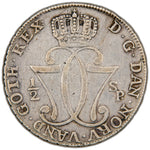 Obverse of a Denmark/Norway (Kongsberg mint) 1777 1/2 Speciedaler silver coin of King Christian VII (H-3, SKU: SP2811), featuring the crowned C7 royal monogram of King Christian VII surrounded by an inner beaded ring.