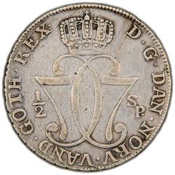 Obverse of a Denmark/Norway (Kongsberg mint) 1777 1/2 Speciedaler silver coin of King Christian VII (H-3, SKU: SP2811), featuring the crowned C7 royal monogram of King Christian VII surrounded by an inner beaded ring.