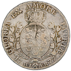 Reverse of a Denmark/Norway (Kongsberg mint) 1777 1/2 Speciedaler silver coin (H-3, SKU: SP2811), depicting the crowned shield with the Norwegian lion holding an axe, flanked by the fractional denomination 1/2 SP and the date 1777 with crossed hammers mintmark below.
