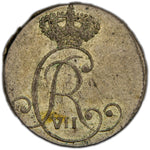 Obverse of a Denmark/Norway (Kongsberg mint) 1802 2 Skilling silver coin of King Christian VII (H-18A, SKU: SP2809), featuring the crowned C7 royal monogram of King Christian VII within a beaded ring.