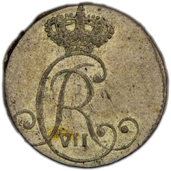 Obverse of a Denmark/Norway (Kongsberg mint) 1802 2 Skilling silver coin of King Christian VII (H-18A, SKU: SP2809), featuring the crowned C7 royal monogram of King Christian VII within a beaded ring.