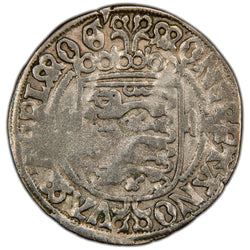 Obverse of an undated (1514-1515) Denmark (Malmö mint) 1 Skilling silver coin of King Christian II (Galster-39B, SKU: SP2807), featuring the crowned royal coat of arms of Denmark over a long cross within a inner circle.