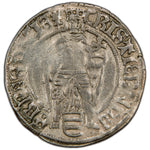 Reverse of an undated (1514-1515) Denmark (Malmö mint) 1 Skilling silver coin (Galster-39B, SKU: SP2807), depicting Saint Lawrence holding a gridiron beside the coat of arms of Malmö within an inner circle.