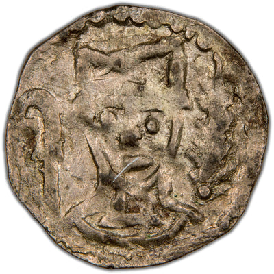 Obverse of a Denmark (Northern Jutland, c. 1202-1241) Valdemar II Penning silver hammered coin (Galster #25bv, SKU: SP2818), featuring a facing portrait of King Valdemar II holding a palm branch and scepter, within an inner beaded ring.