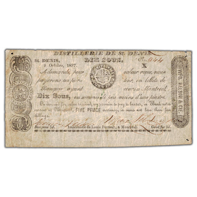 SOLD Distillerie De St. Denis 1837 10 Sous Note QC #125-12-04biii - Circulated