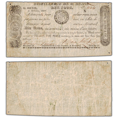 SOLD Distillerie De St. Denis 1837 10 Sous Note QC #125-12-04biii - Circulated