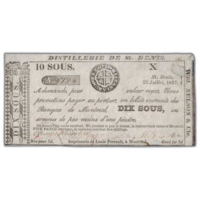 SOLD Distillerie De St. Denis 1837 10 Sous Note QC #125-10-04b - Minor Repair