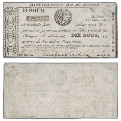 SOLD Distillerie De St. Denis 1837 10 Sous Note QC #125-10-04b - Minor Repair