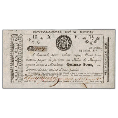 SOLD Distillerie De St. Denis 1837 15 Sous Note QC #125-10-06b - VF