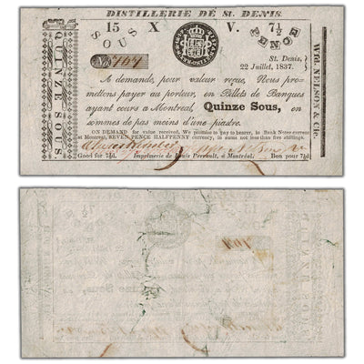 SOLD Distillerie De St. Denis 1837 15 Sous Note QC #125-10-06b - VF