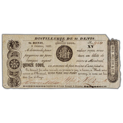 SOLD Distillerie De St. Denis 1837 15 Sous Note QC #125-12-06aiii - Circulated