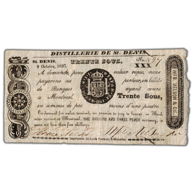 SOLD Distillerie De St. Denis 1837 30 Sous Note QC #125-12-06ciii - Circulated
