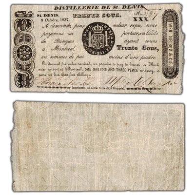 SOLD Distillerie De St. Denis 1837 30 Sous Note QC #125-12-06ciii - Circulated