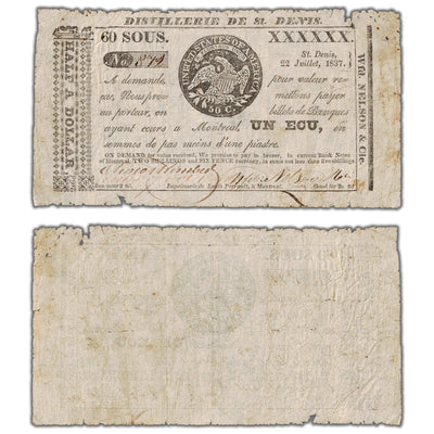 SOLD Distillerie De St. Denis 1837 60 Sous Note QC #125-10-10b - Circulated