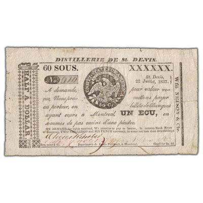 SOLD Distillerie De St. Denis 1837 60 Sous Note QC #125-10-10b - Circulated