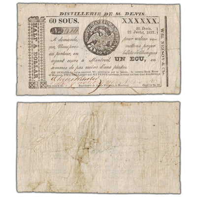 SOLD Distillerie De St. Denis 1837 60 Sous Note QC #125-10-10b - Circulated