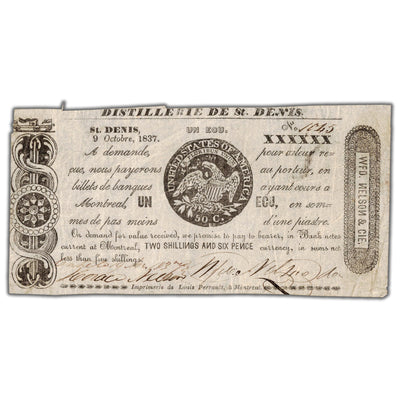 SOLD Distillerie De St. Denis 1837 1 Ecu Note QC #125-12-10biii - Circulated
