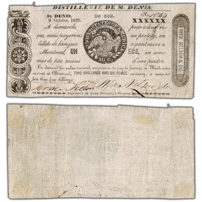 SOLD Distillerie De St. Denis 1837 1 Ecu Note QC #125-12-10biii - Circulated
