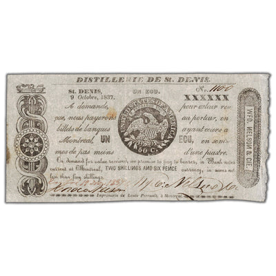 SOLD Distillerie De St. Denis 1837 1 Ecu Note QC #125-12-10biii - Circulated