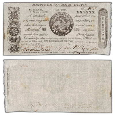 SOLD Distillerie De St. Denis 1837 1 Ecu Note QC #125-12-10biii - Circulated