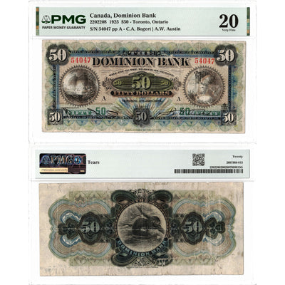 Front and back view of a 1925 The Dominion Bank 50 dollar chartered banknote, serial number 54047, graded PMG VF-20, displayed together in its certified holder.