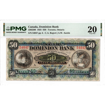 Front face view of a 1925 The Dominion Bank 50 dollar chartered banknote, serial number 54047, highlighting the historical portrait vignettes and PMG VF-20 details.
