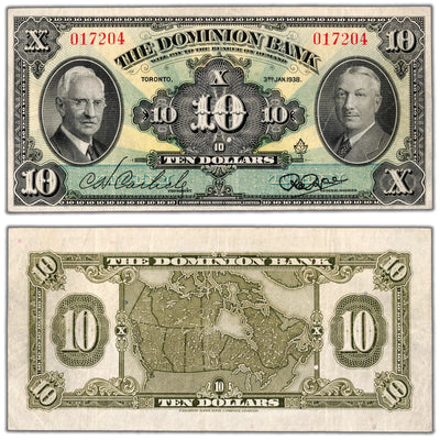 The Dominion Bank 1938 ten dollar chartered note, serial number 017204, catalog 220-28-04, stacked view showing both front and back sides, graded VF to EF condition
