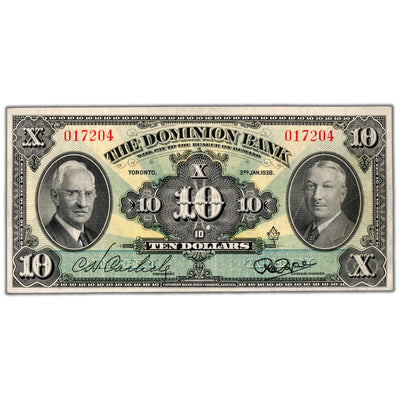 Front view of The Dominion Bank 1938 ten dollar chartered note, serial number 017204, issue number 220-28-04, in VF/EF collector condition