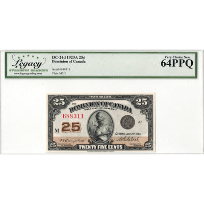 25 Cents 1923 Dominion of Canada Shinplaster Note DC-24d - Legacy Ch UNC-64 PPQ