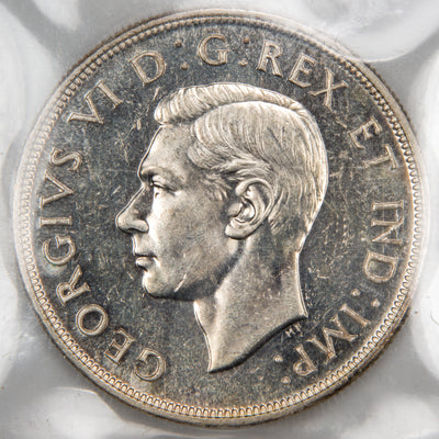 Front view of 1947 Canada silver dollar featuring the uncrowned portrait bust of King George VI in an ICCS MS-63 holder.