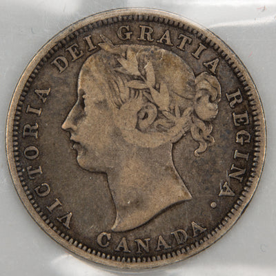 Front view of rare 1858 Canada 20 Cents silver coin featuring the laureate head portrait of Queen Victoria in an ICCS F-12 holder.