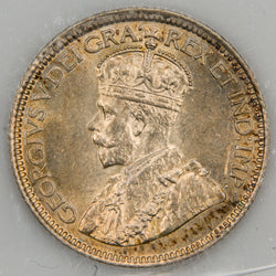 Front view of 1918 Canada 10 Cents silver dime featuring the crowned portrait bust of King George V in an ICCS MS-64 holder.