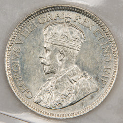 Front view of 1929 Canada 10 Cents silver dime featuring the crowned portrait bust of King George V in an ICCS AU-55 holder.