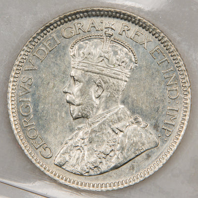 Front view of 1929 Canada 10 Cents silver dime featuring the crowned portrait bust of King George V in an ICCS AU-55 holder.