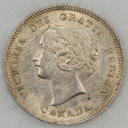 Front view of 1901 Canada 5 Cents silver coin featuring the portrait bust of Queen Victoria in an ICCS AU-58 holder.