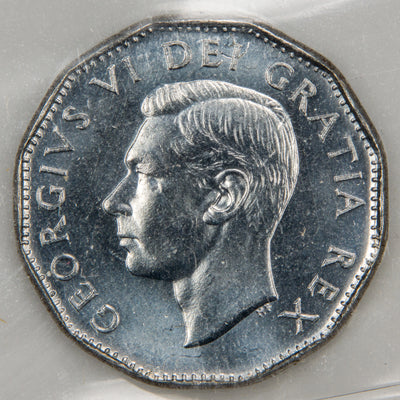Front view of 1952 Canada 5 Cents nickel coin featuring the uncrowned portrait bust of King George VI in an ICCS MS-65 holder.