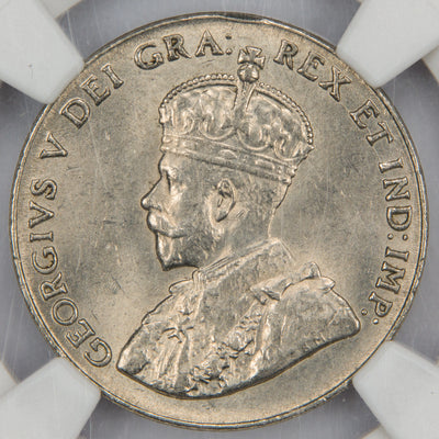 Front view of NGC MS-63 1928 Canada 5 Cents nickel coin featuring the crowned portrait bust of King George V.
